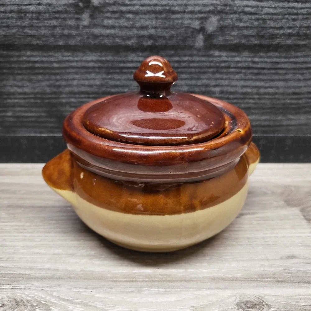 Antique Brown Stoneware Bean Pot with Lid Vintage Ovenware Ramekin 5